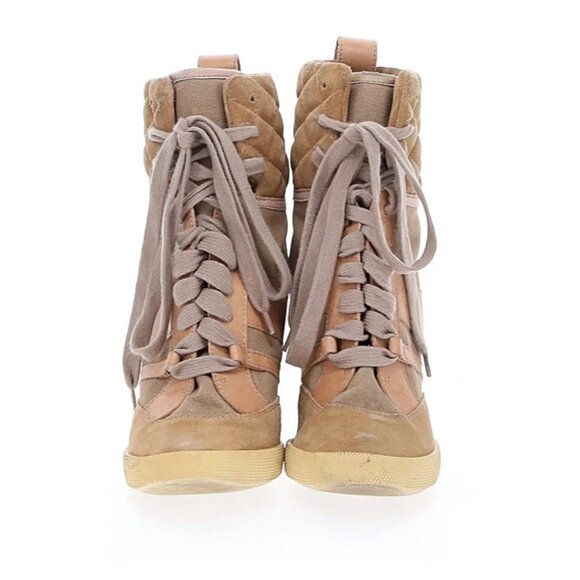 🤎 Chloé Kasia Suede Leather Canvas Tan Wedge Sneakers Size 39 Quiet Luxury - Picture 5 of 16